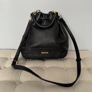 Rebecca Minkoff Fiona Bucket Bag Purse Pebbled Leather Black w Gold Hardware